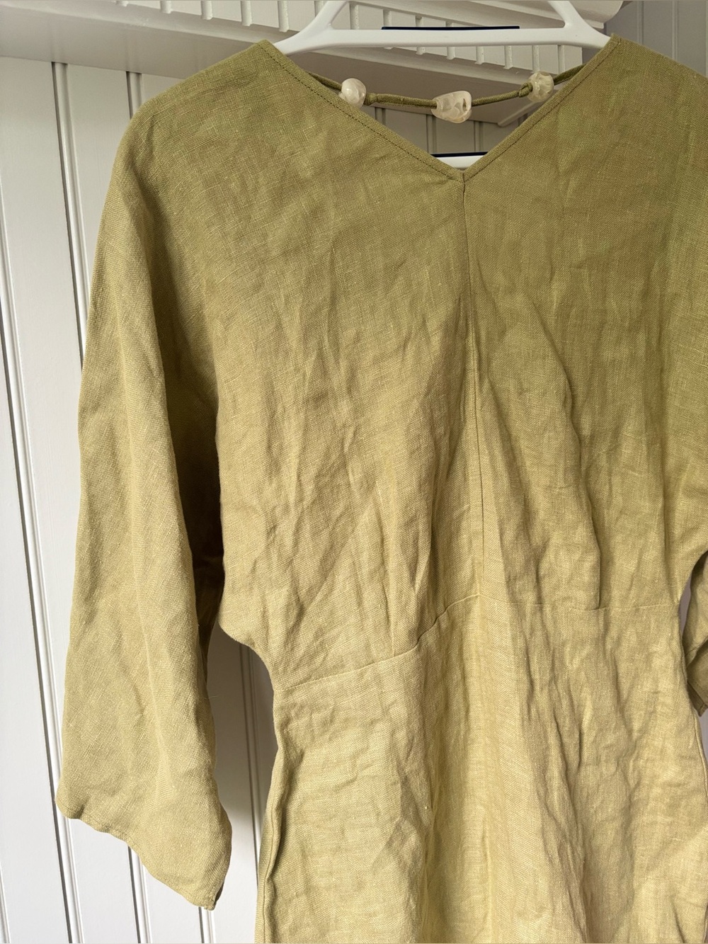 NOCTURNE 100% Linen Beaded Back Mini Dress Olive Green Women's S Quiet Luxury - Picture 6 of 14